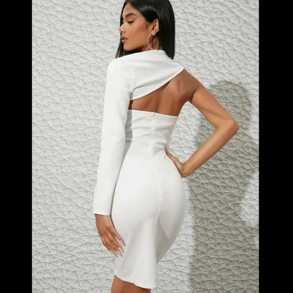 White Cut Out, One Sleeve Dress in Sizes S, M-Sold, L - Picture 2 of 6